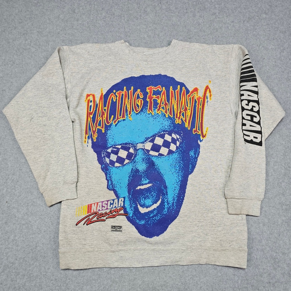 Vtg 90s NASCAR Racing Fanatic Graphic Sweatshirt Mens Boxy Large Gray Tultex